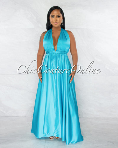 Lorenie Turquoise Deep-V Multi-Way High Slits Silky Maxi Dress