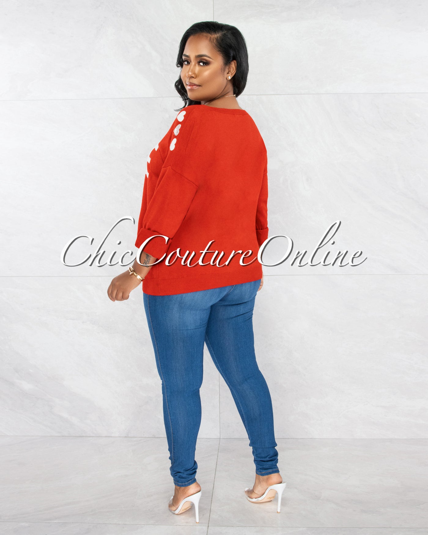 Lovely Red Silver White Graphic Knit Sweater
