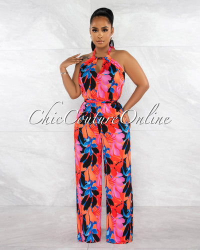 *Grabbie Black Red Multi-Color Print Halter Jumpsuit