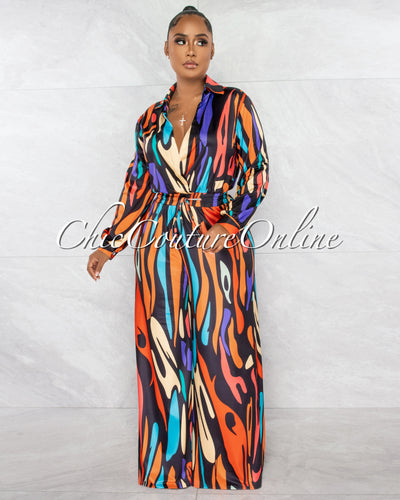 Camryn Black Multi-Color Retro Print Deep V-Neck Jumpsuit