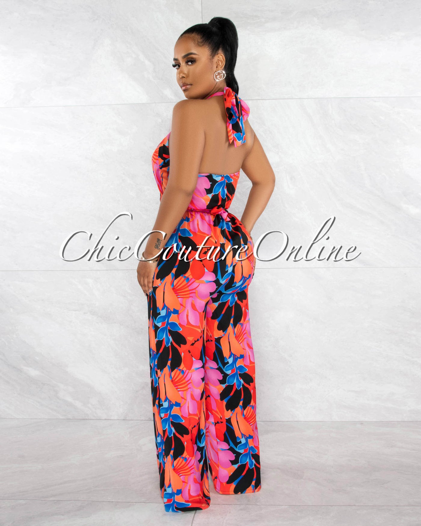 *Grabbie Black Red Multi-Color Print Halter Jumpsuit