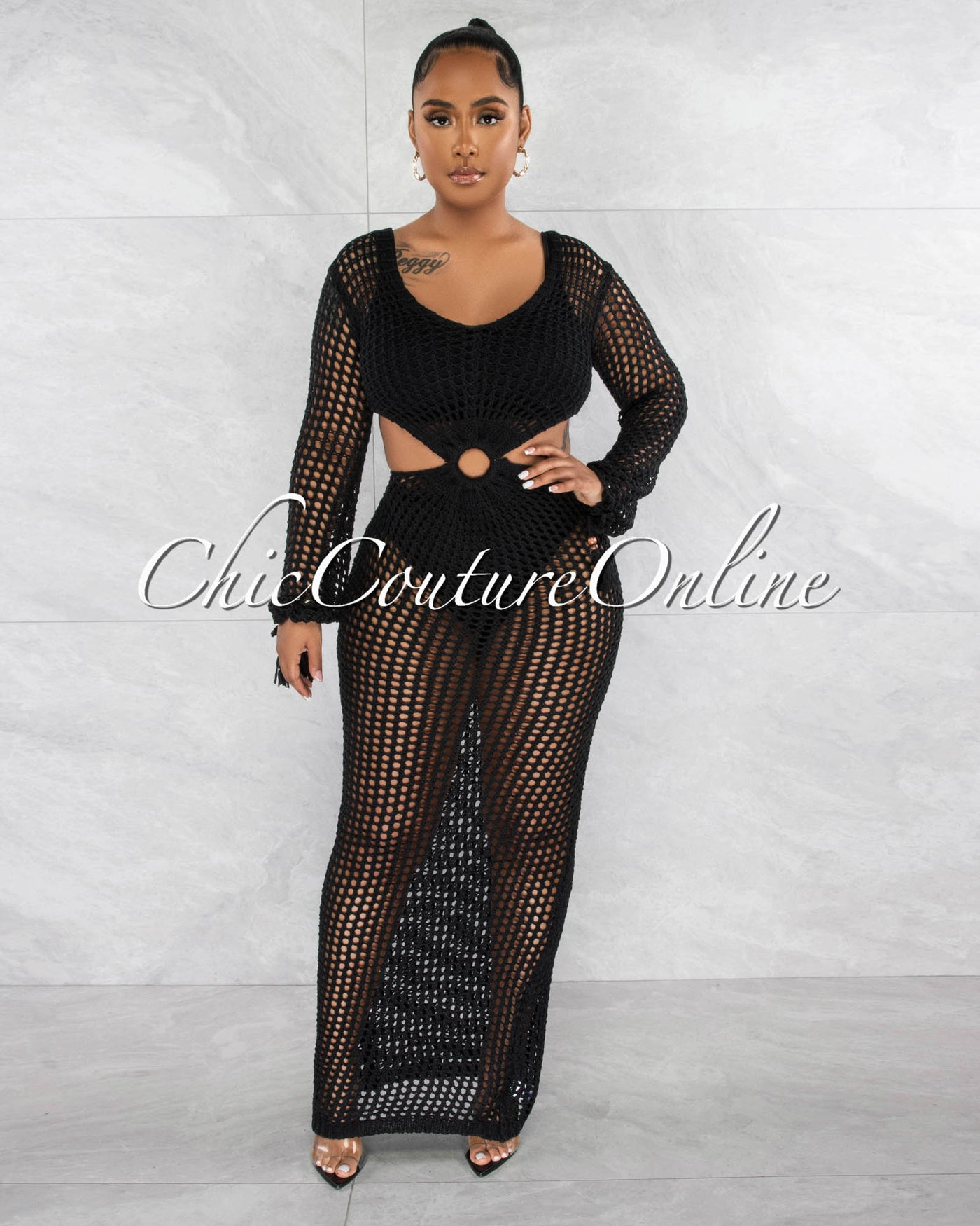 *Rhonda Black "O" Ring Crochet Cut-Out Cover-Up Maxi Dress