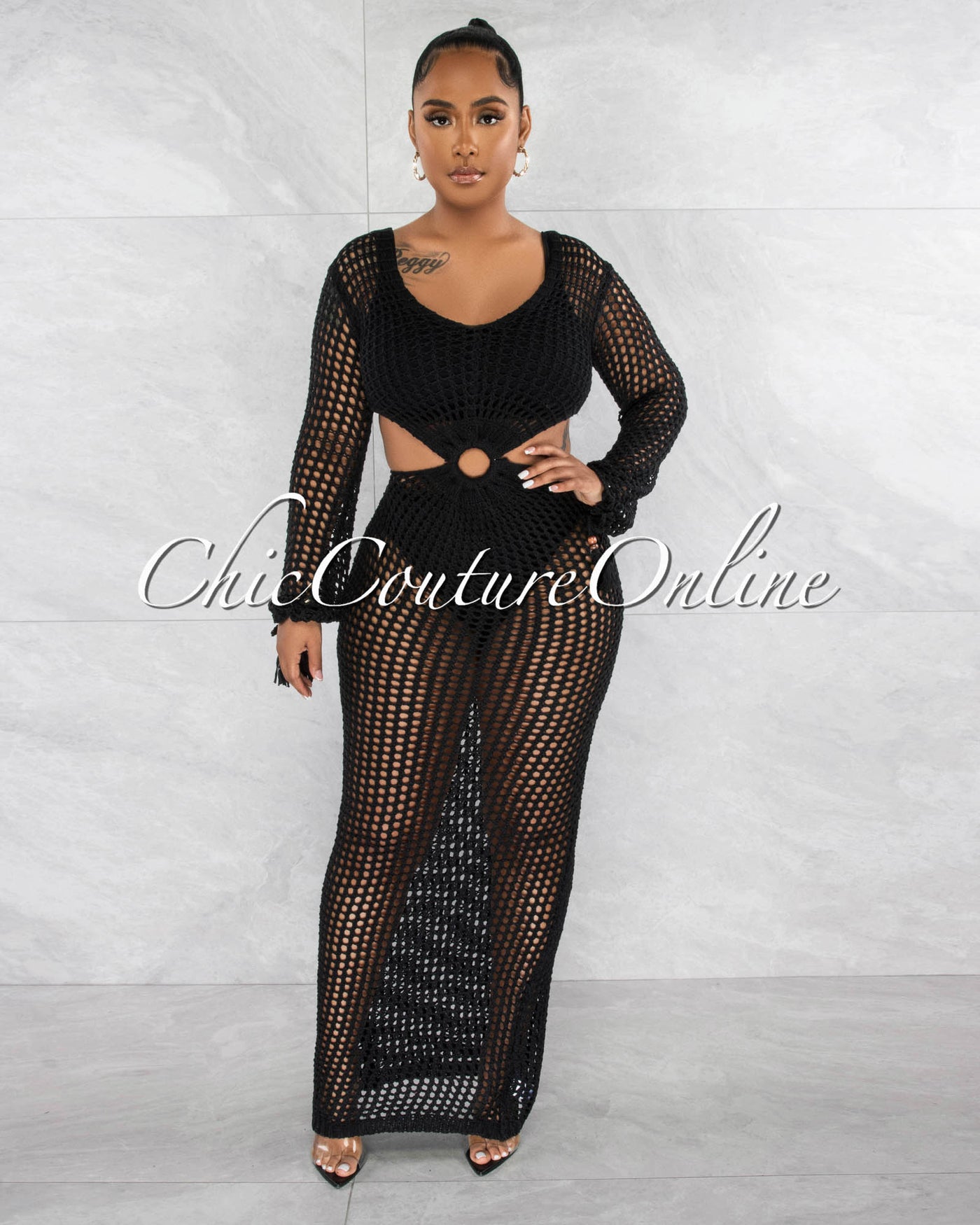 Rhonda Black "O" Ring Crochet Cut-Out Cover-Up Maxi Dress Chic Couture Online Rhonda Black "O" Ring Crochet Cut-Out Cover-Up Maxi Dress Chic Couture Online