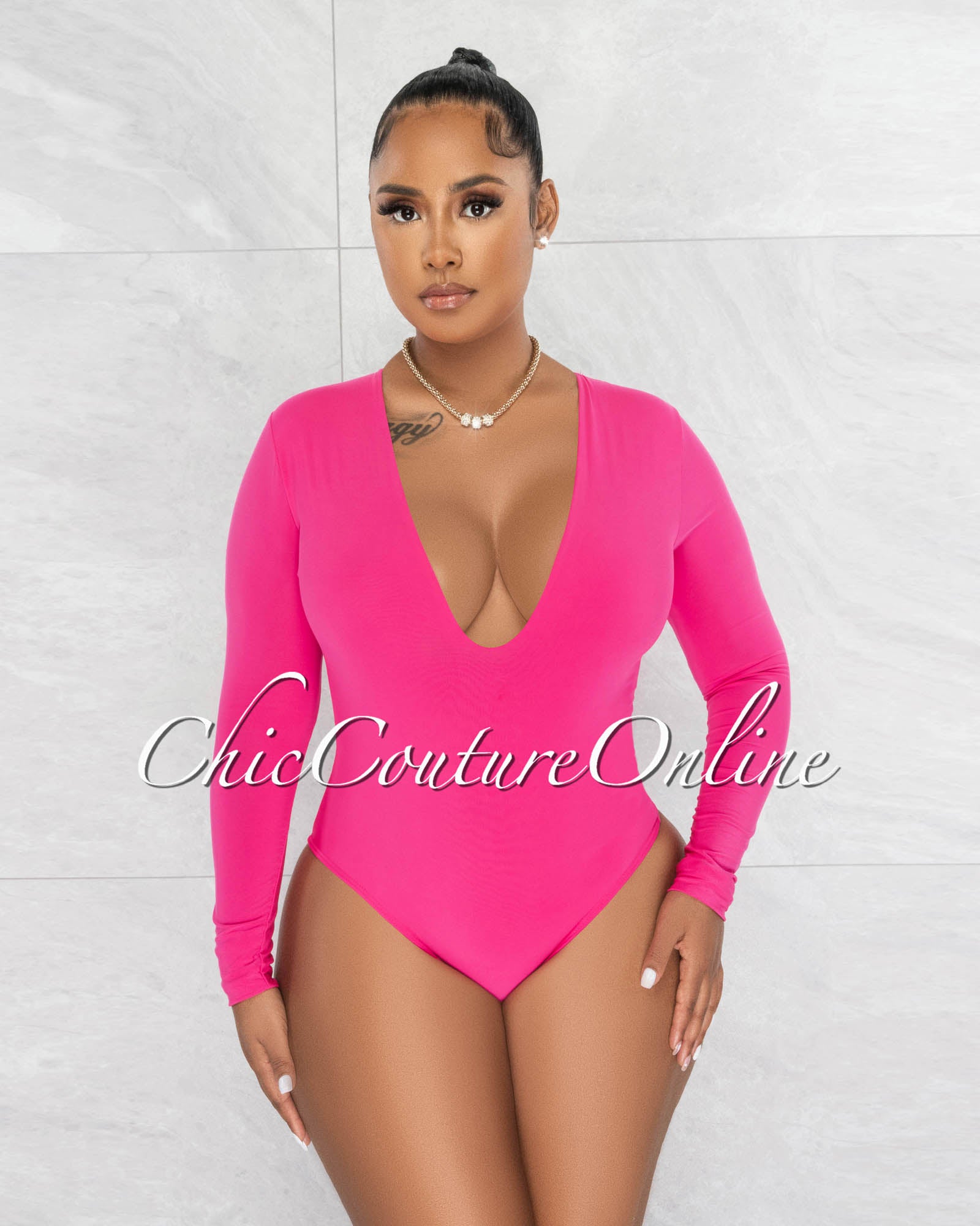*Nilam Fuchsia Deep V Neck Long Sleeves Bodysuit