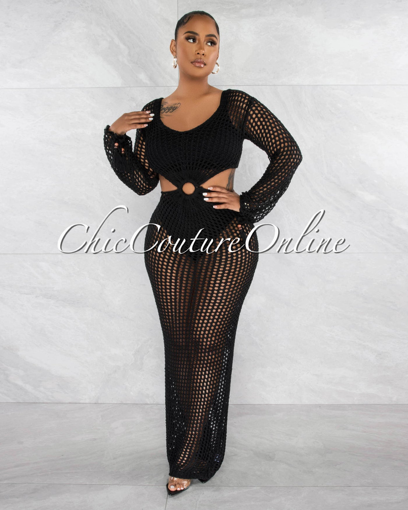 *Rhonda Black "O" Ring Crochet Cut-Out Cover-Up Maxi Dress