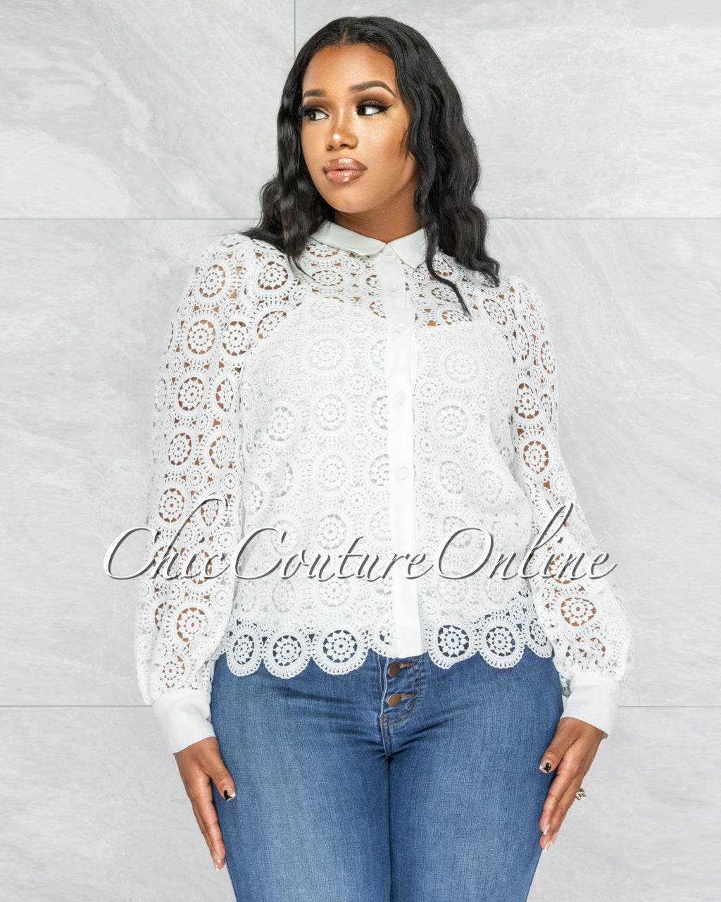 *Martha Off-White Crochet Luxe Sheer Blouse