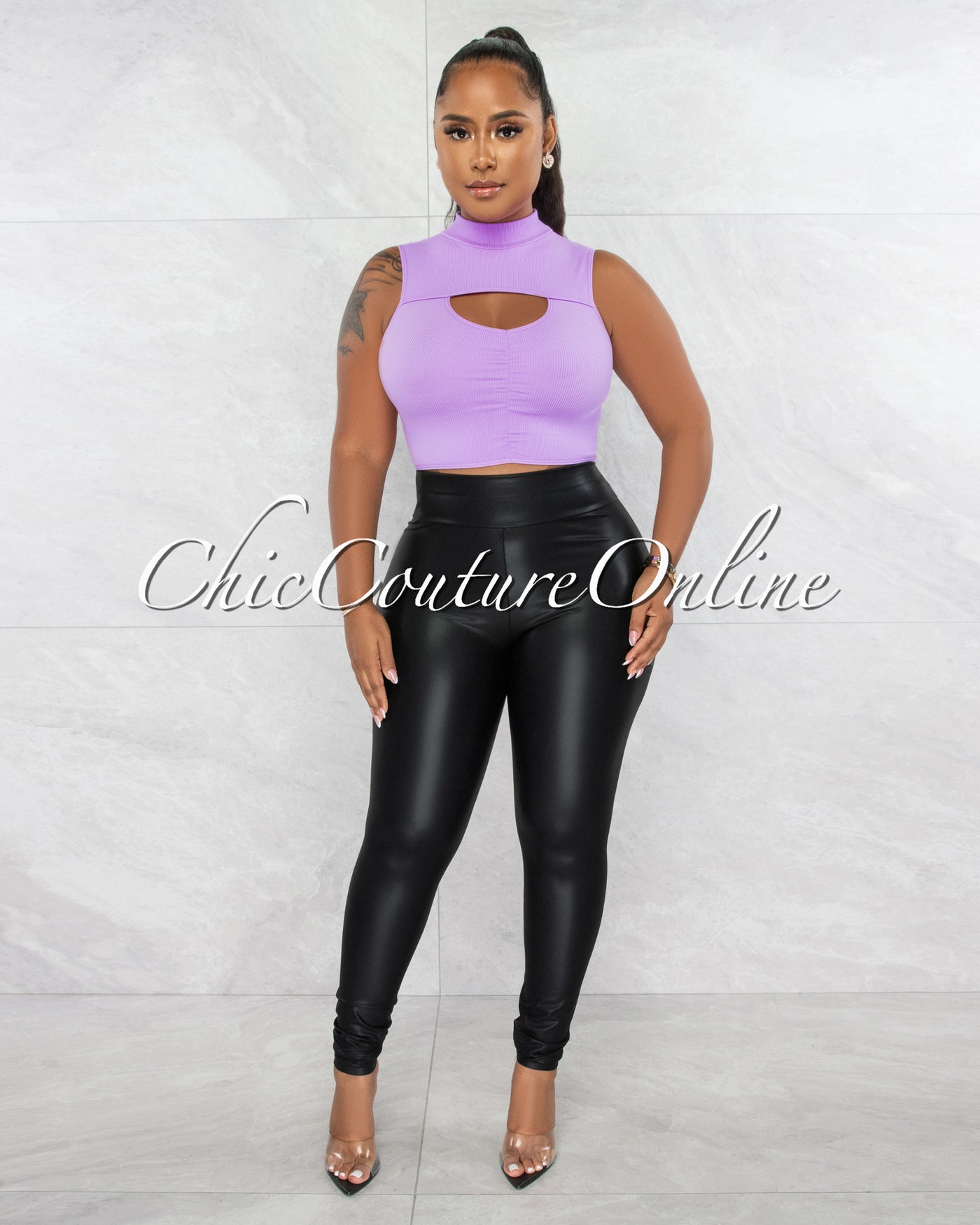 Alvin Lavender Bust Key-Hole Ruched Ribbed Crop Top
