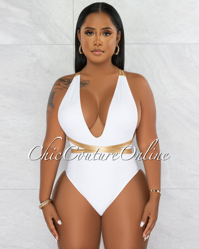 Beck Off-White Gold Straps One Piece Halter Swimsuit