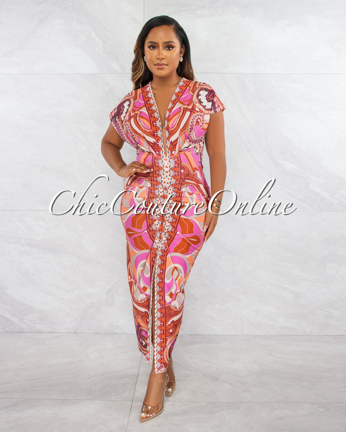 *Tania Pink Orange Print Deep V Neck Draped Maxi Dress