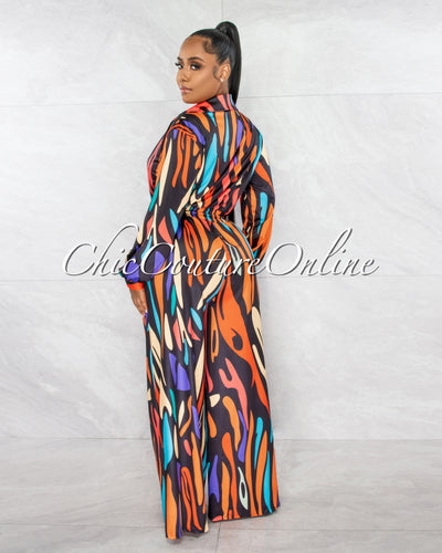 Camryn Black Multi-Color Retro Print Deep V-Neck Jumpsuit
