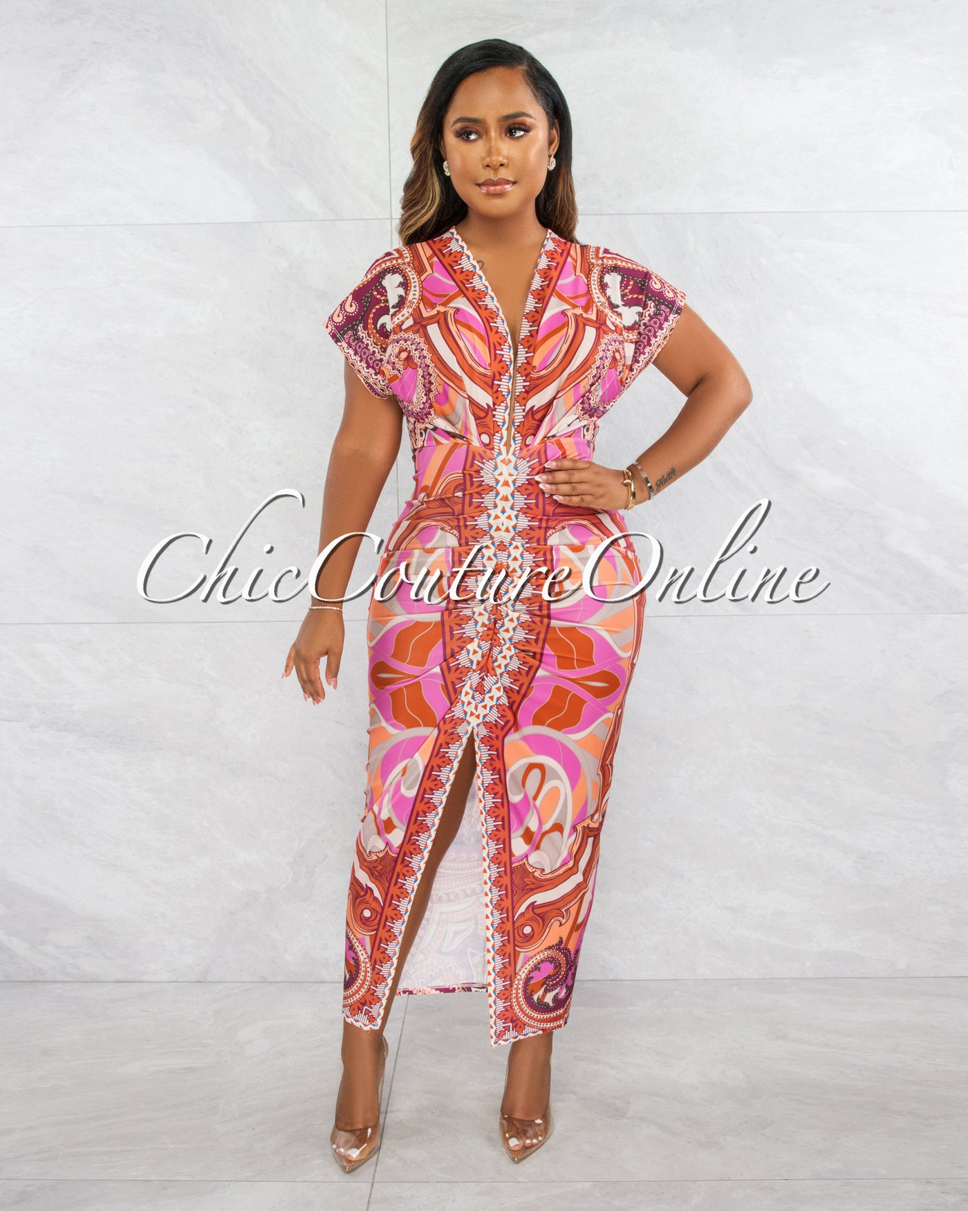 *Tania Pink Orange Print Deep V Neck Draped Maxi Dress