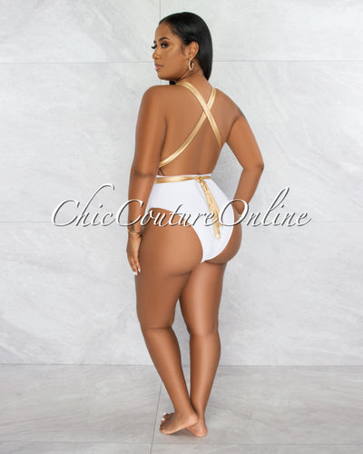 Beck Off-White Gold Straps One Piece Halter Swimsuit