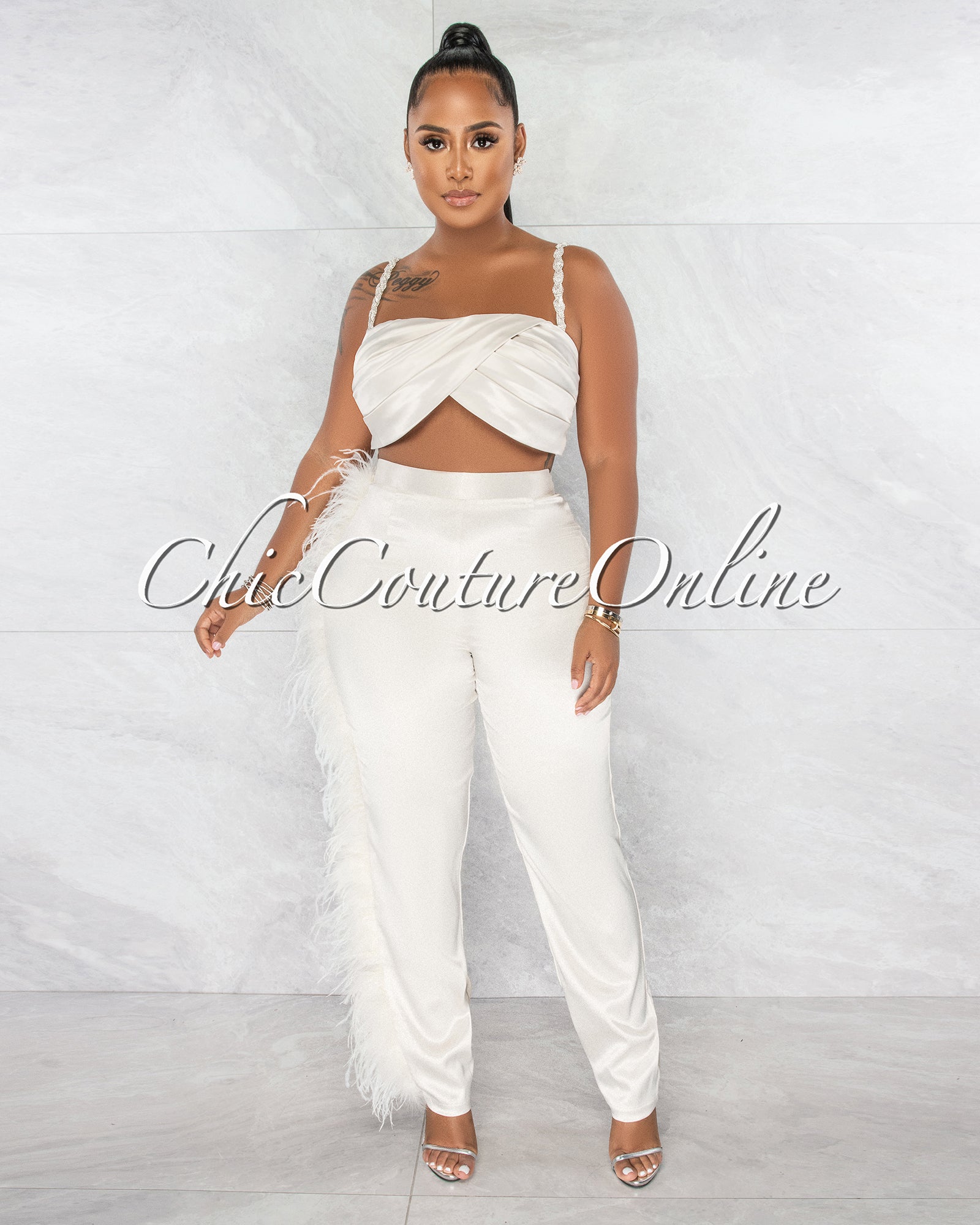 *Alvada Champagne Draped Rhinestones Straps Top & Feathers Pants Silky Set
