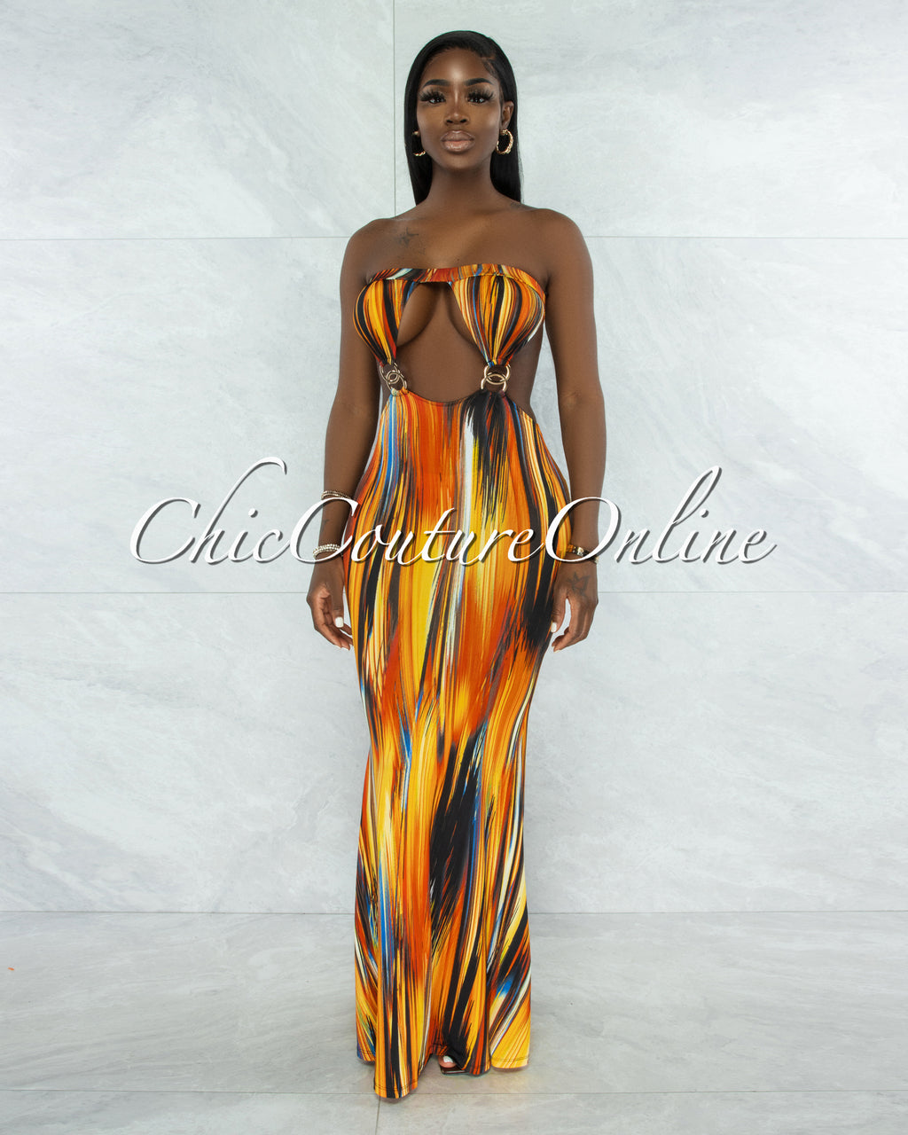 *Nesley Orange Black Print Cut-Out Gold Accent Maxi Dress