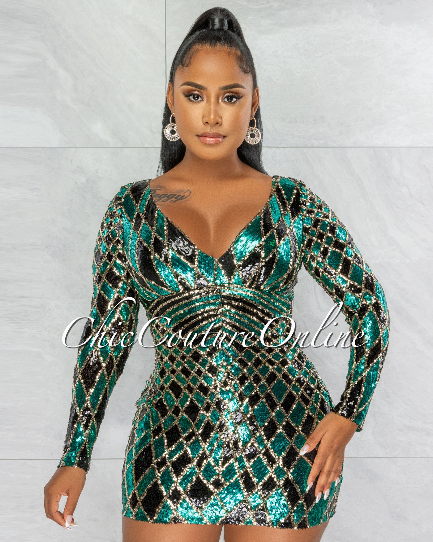 *Yvanka Black Green Gold Sequins Pattern Mini Dress