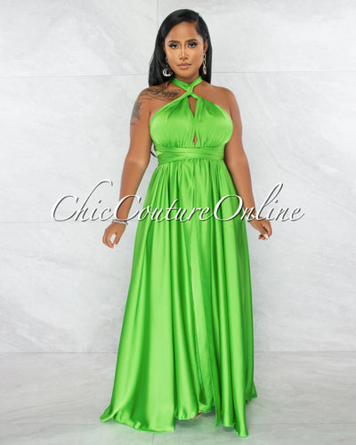 Lorenie Green Deep-V Multi-Way High Slits Silky Maxi Dress