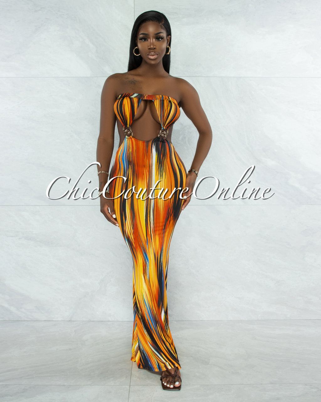 *Nesley Orange Black Print Cut-Out Gold Accent Maxi Dress