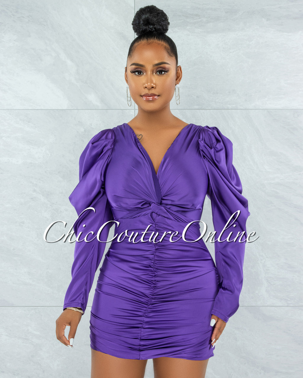 *Jeniffer Purple Knot Top Ruched Satin Dress