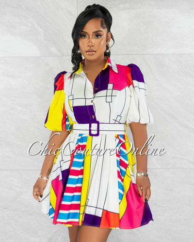 Galeed White Multi-Color Print Matching Belt Pleated Dress
