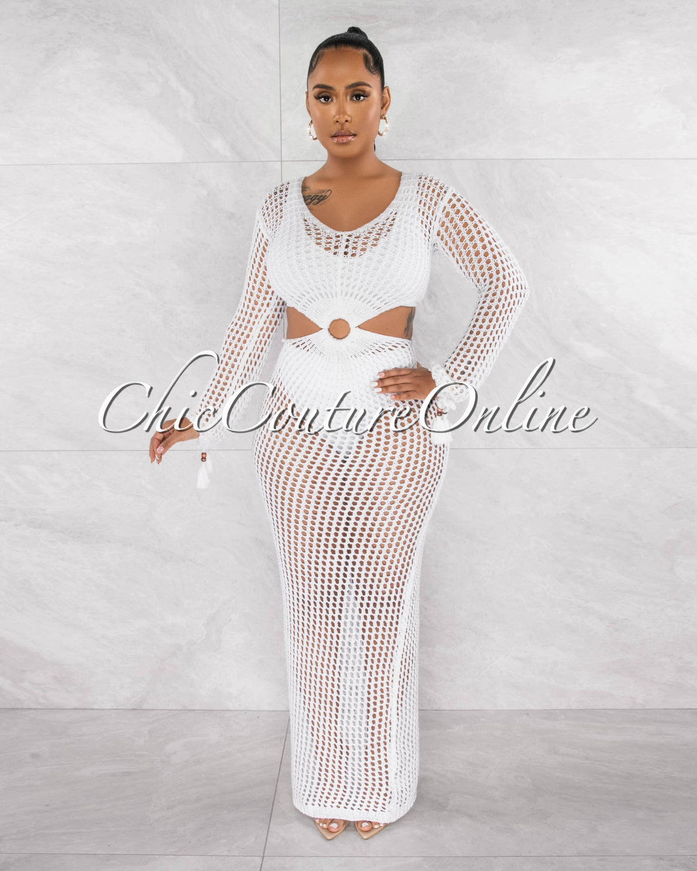 *Rhonda Off-White "O" Ring Crochet Cut-Out Cover-Up Maxi Dress