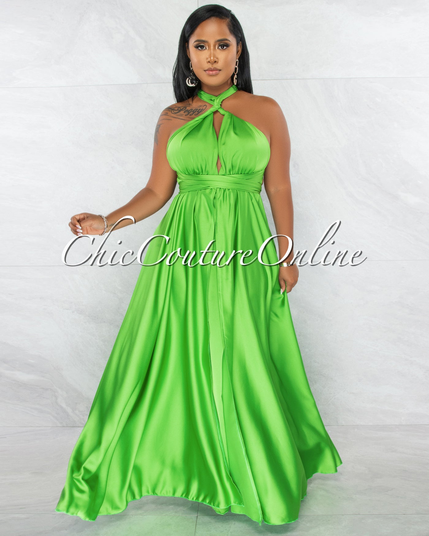 Lorenie Green Deep-V Multi-Way High Slits Silky Maxi Dress