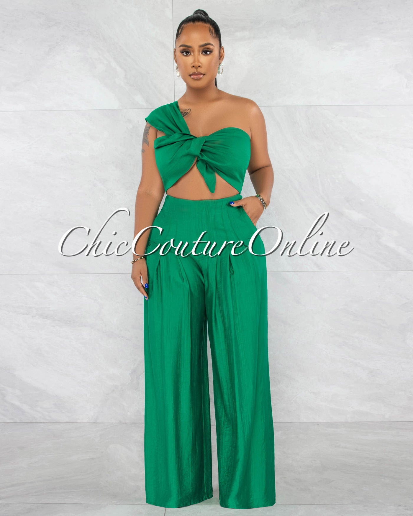 *Paris Emerald Green Knotted Crop Top & Wide Pants Set