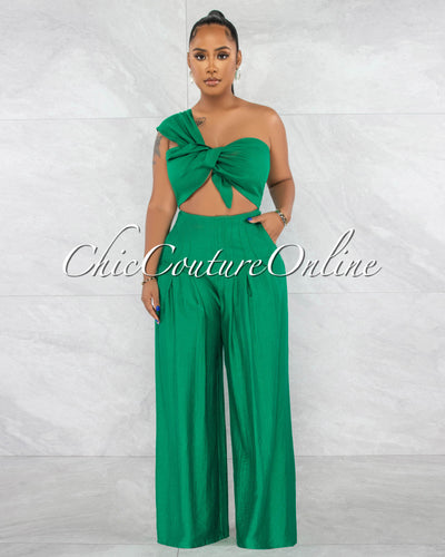 Paris Emerald Green Knotted Crop Top & Wide Pants Set