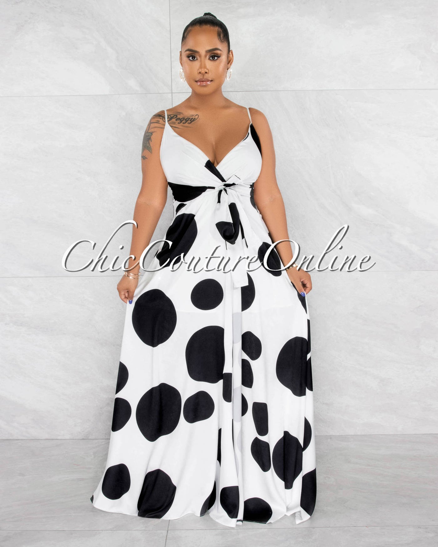 *Indivar White Black Polka Dots Wrap Style Maxi Silky Dress