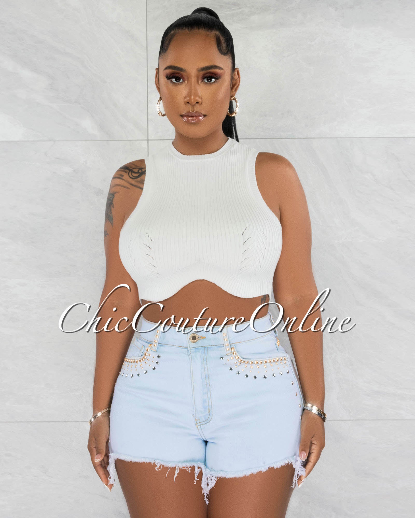 *Berit Light Denim Gold & Silver Studs Distressed Shorts