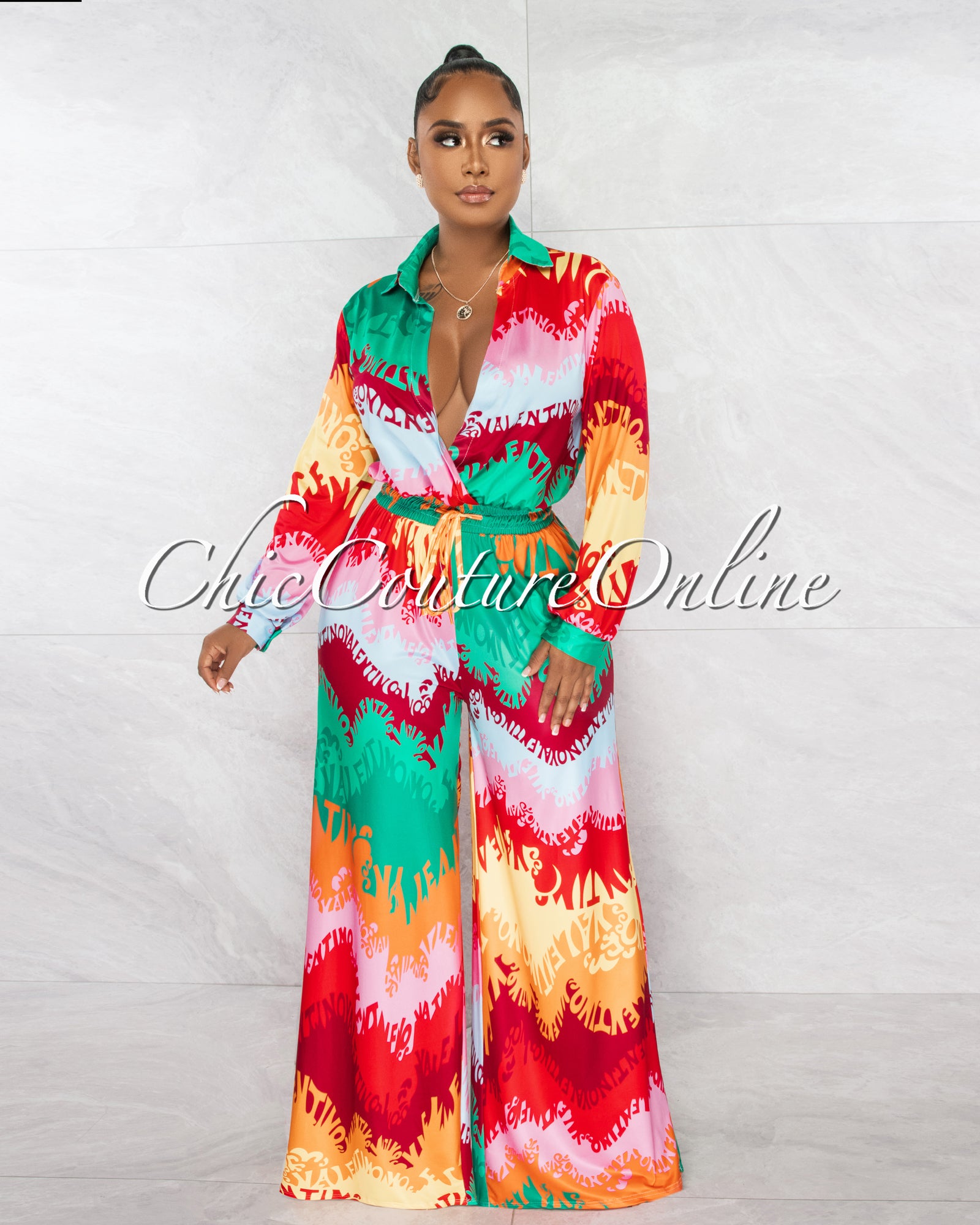 *Tabitha Green Red Multi-Color Retro Print Deep V-Neck Jumpsuit