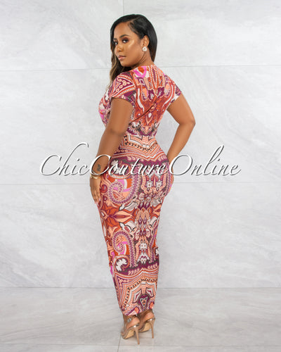 *Tania Pink Orange Print Deep V Neck Draped Maxi Dress