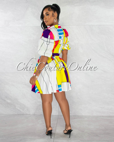 Galeed White Multi-Color Print Matching Belt Pleated Dress
