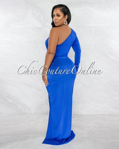 Kimber Royal Blue Single Shoulder Draped Maxi Dress