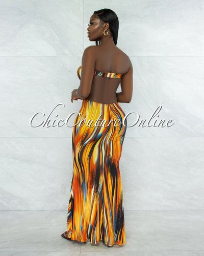 *Nesley Orange Black Print Cut-Out Gold Accent Maxi Dress