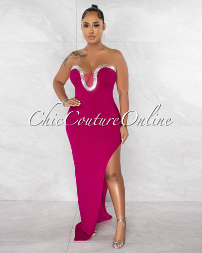 Hilton Magenta Rhinestones Neckline Leg Slit Maxi Dress