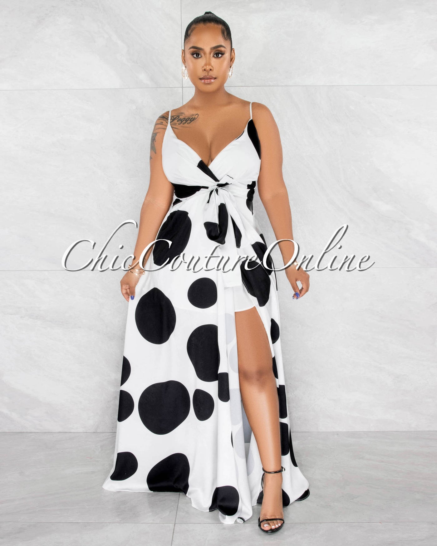 *Indivar White Black Polka Dots Wrap Style Maxi Silky Dress