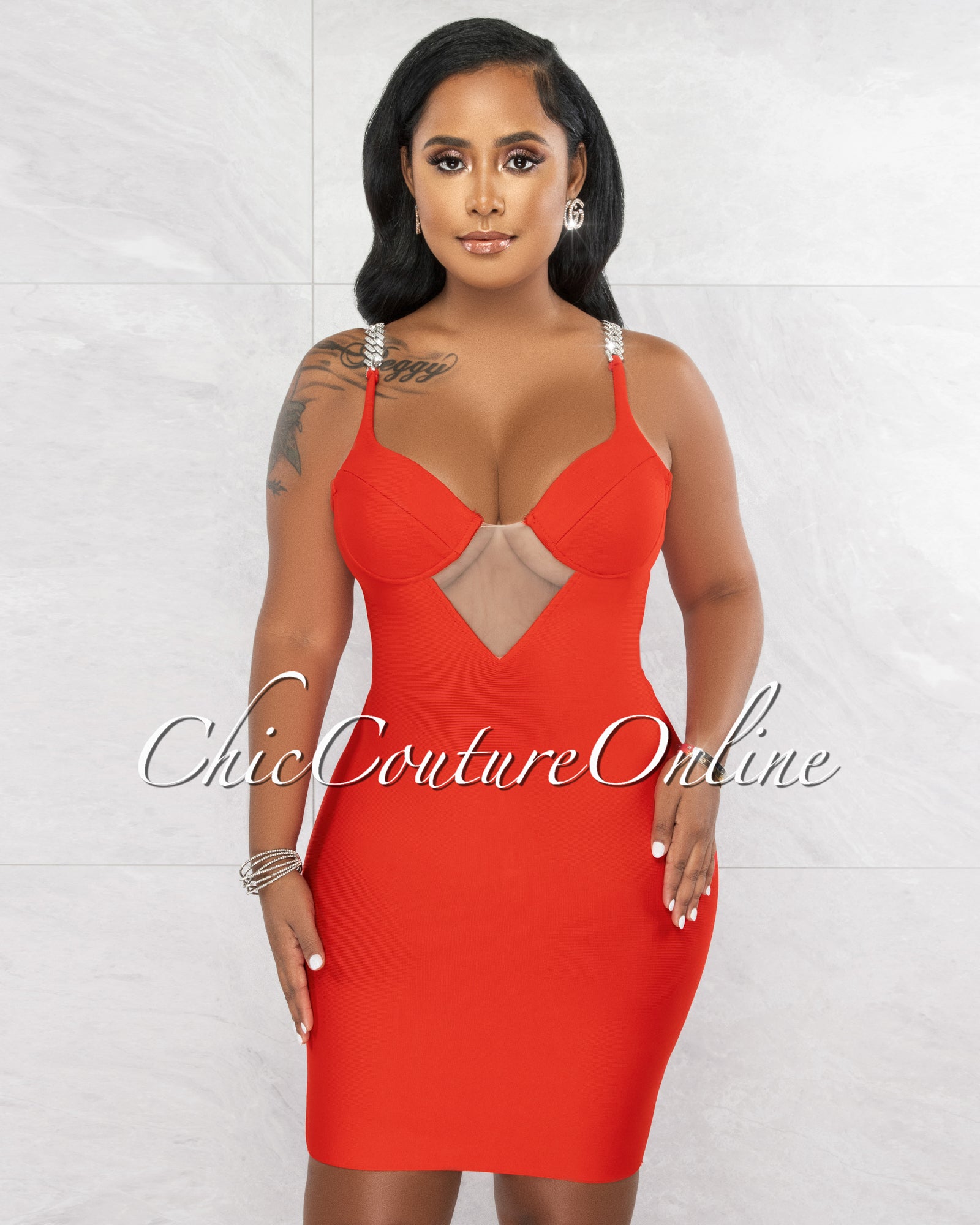 *Besar Red Silver Rhinestones Straps Bandage Mini Dress