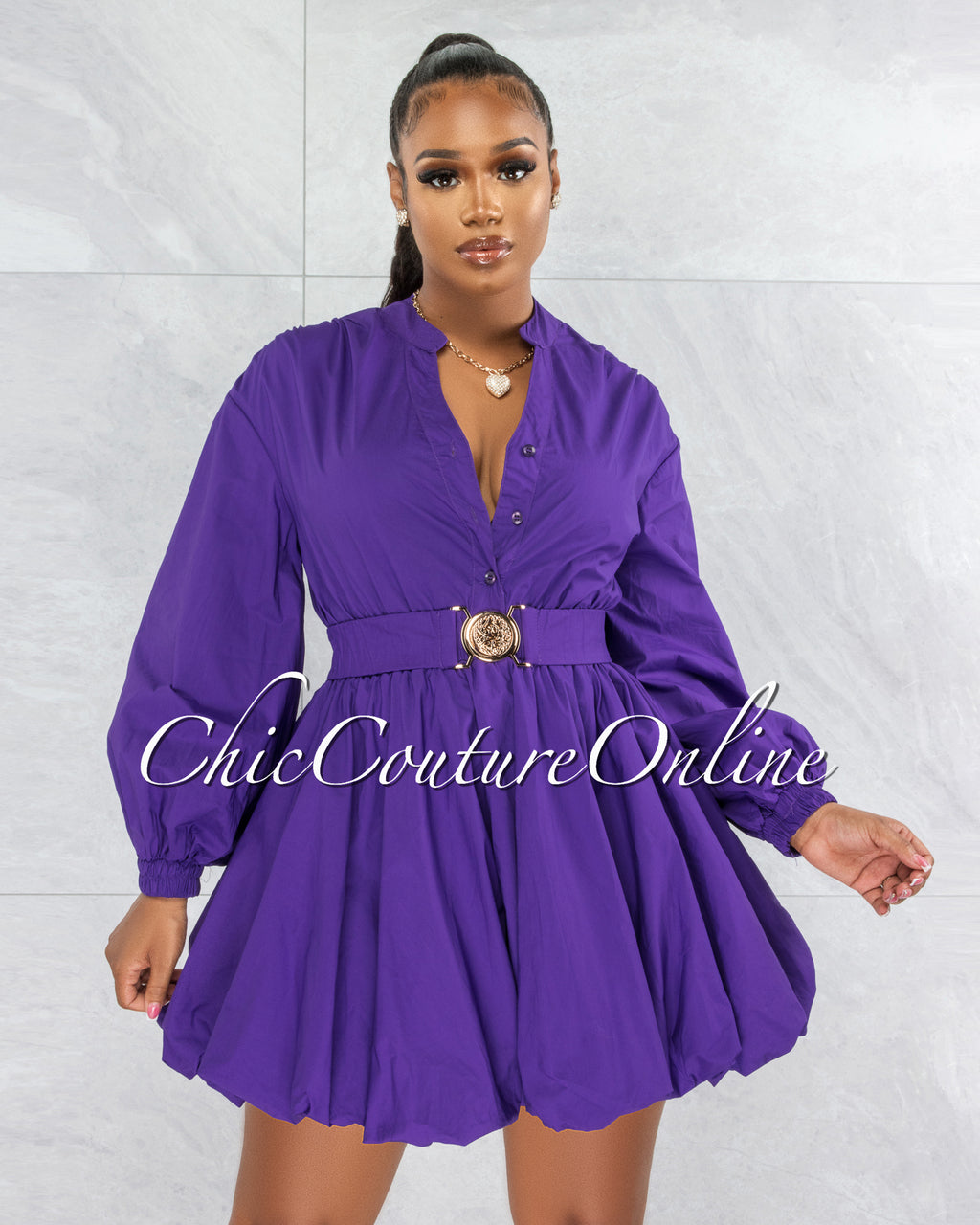 *Bebba Purple Bubble Style Gold Belt Dress