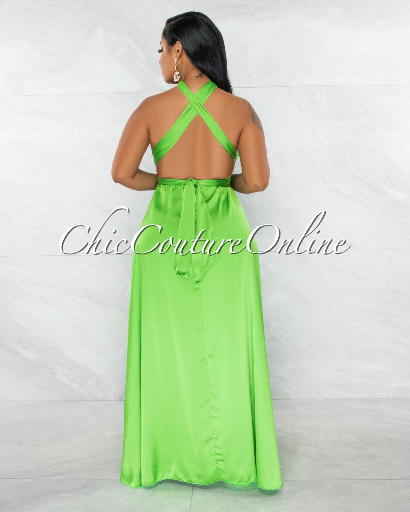 Lorenie Green Deep-V Multi-Way High Slits Silky Maxi Dress