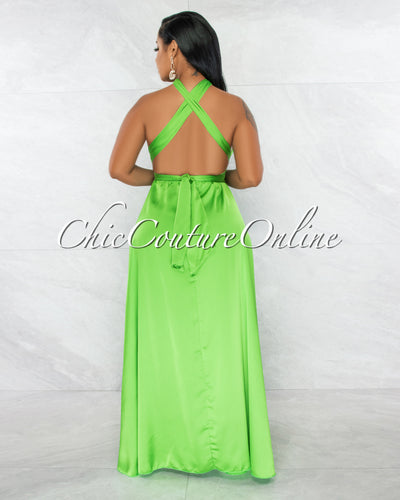 Lorenie Green Deep-V Multi-Way High Slits Silky Maxi Dress