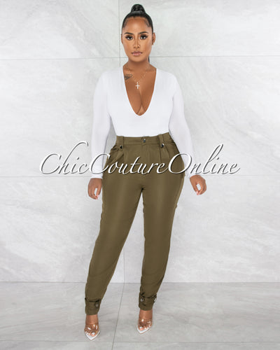 Pons Olive Green Cargo Buttoned Ankle Pants