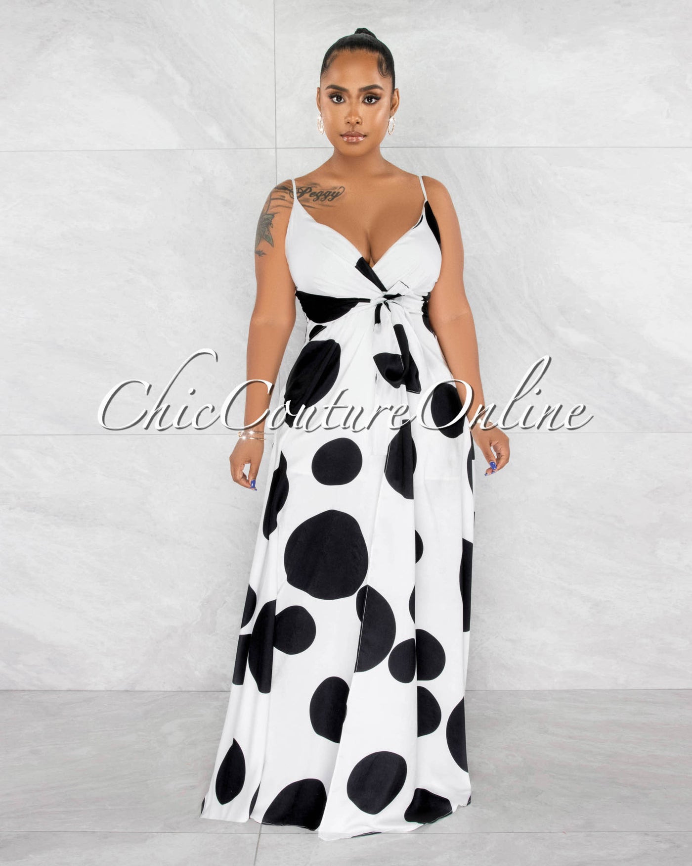 *Indivar White Black Polka Dots Wrap Style Maxi Silky Dress