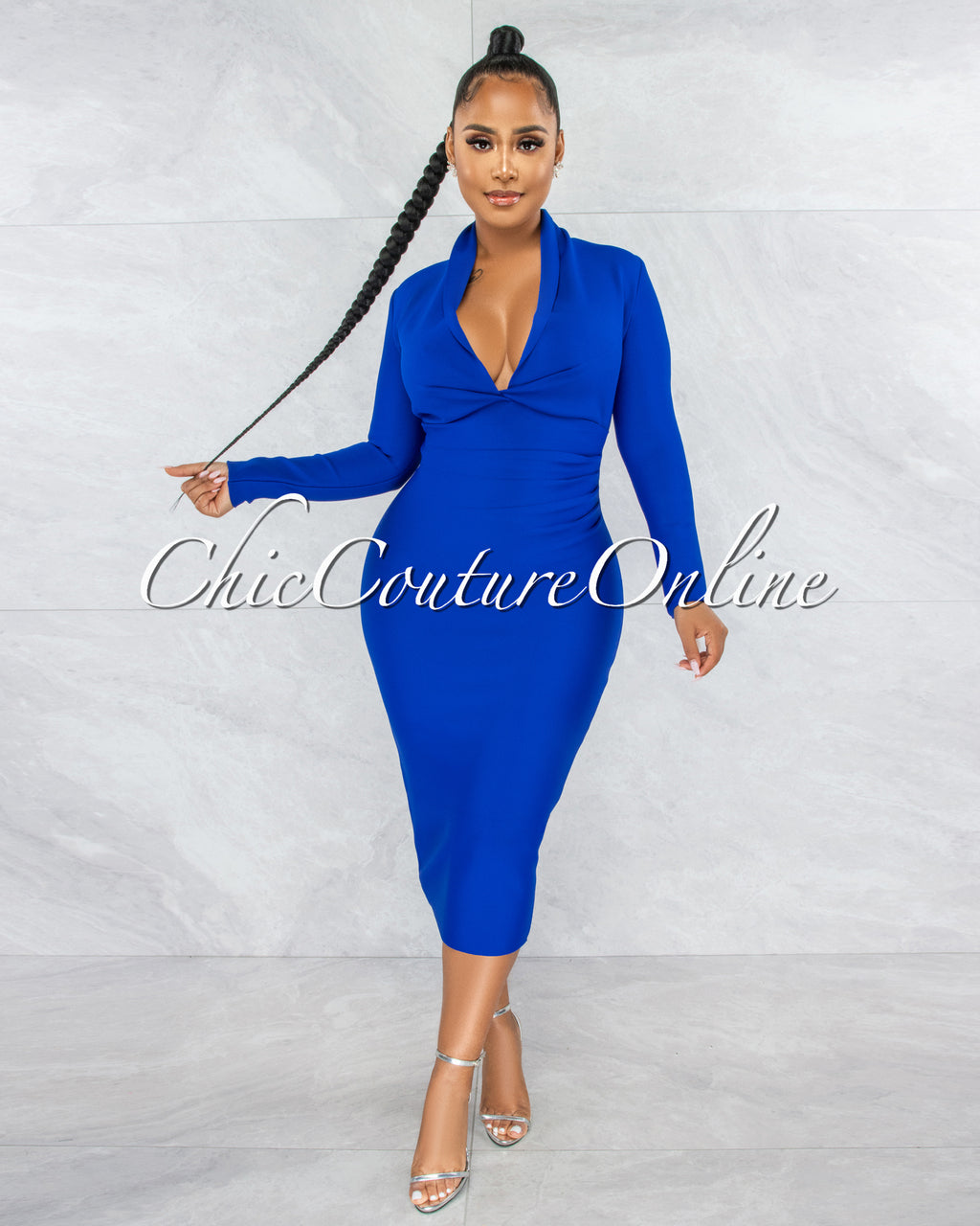 Athina Royal Blue Draped Details Bandage Midi Dress