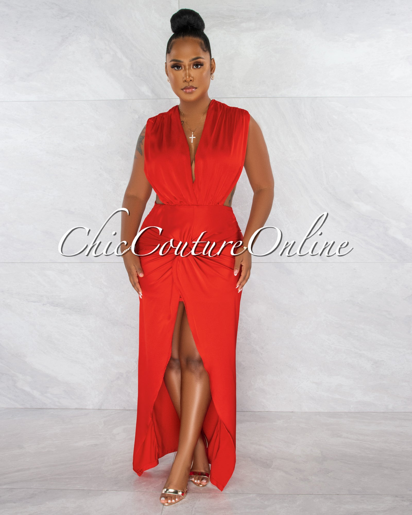 *Gabrielle Red Deep V Open Sides Drape Maxi Silky Dress