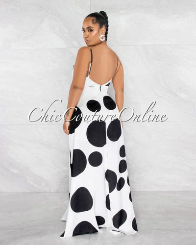 *Indivar White Black Polka Dots Wrap Style Maxi Silky Dress