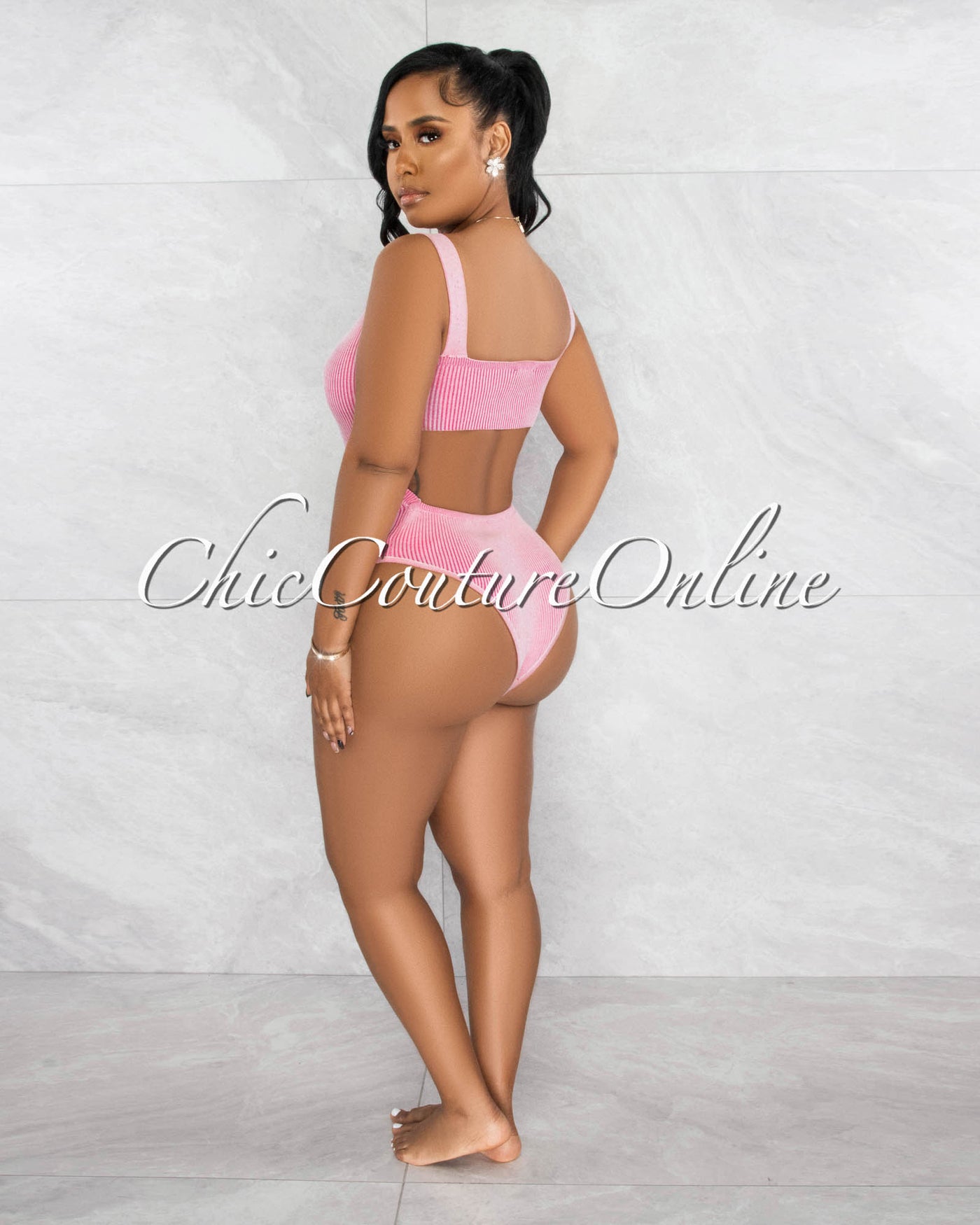 Guerda Pink Ribbed Open Back Bodysuit & Midi Skirt Set