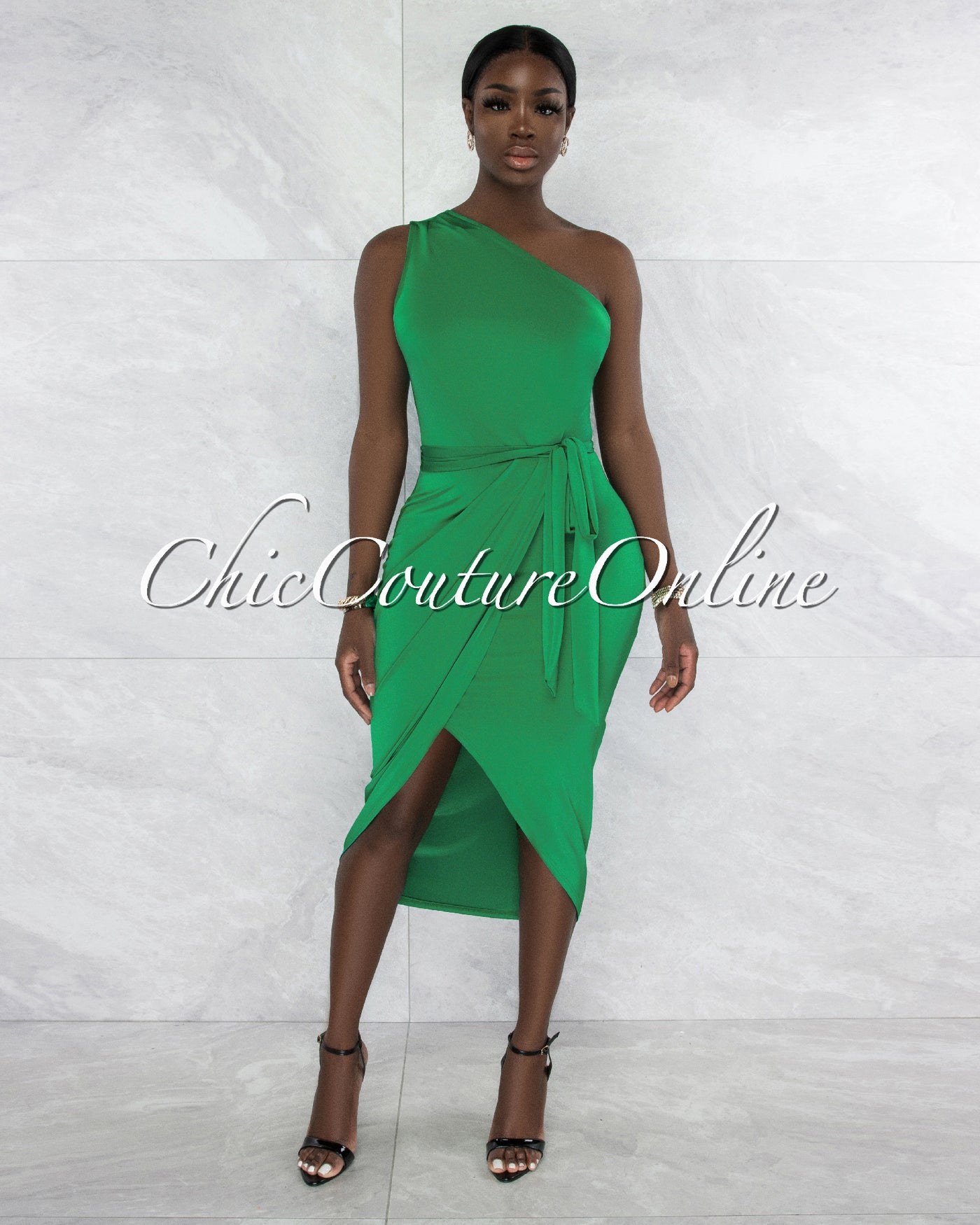 *Twyla Green Single Shoulder Front Slit Midi Dress