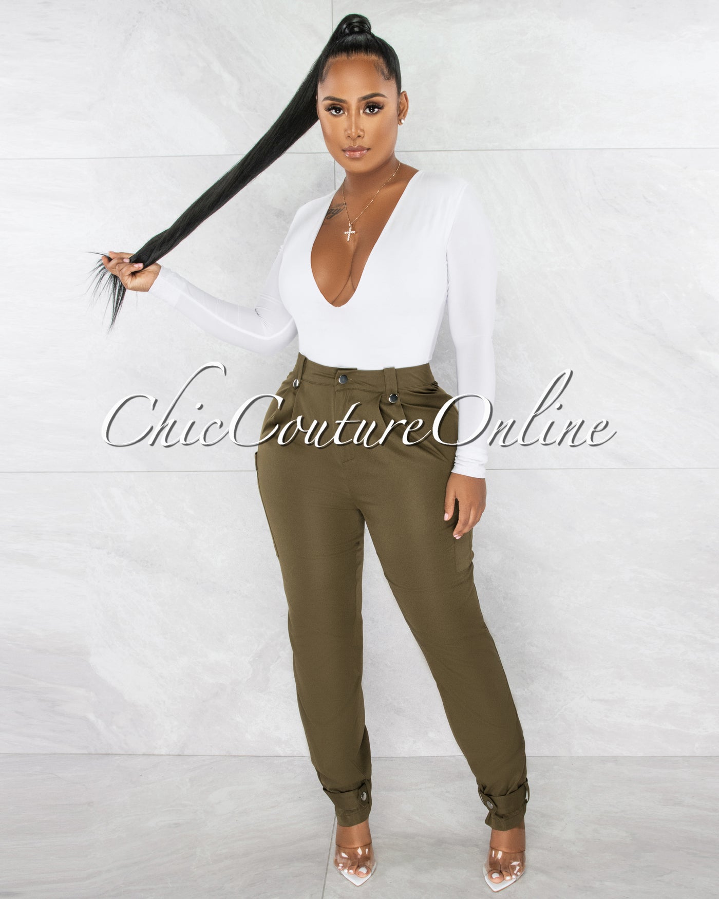 Pons Olive Green Cargo Buttoned Ankle Pants