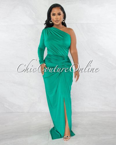 Kimber Kelly Green Single Shoulder Draped Maxi Dress