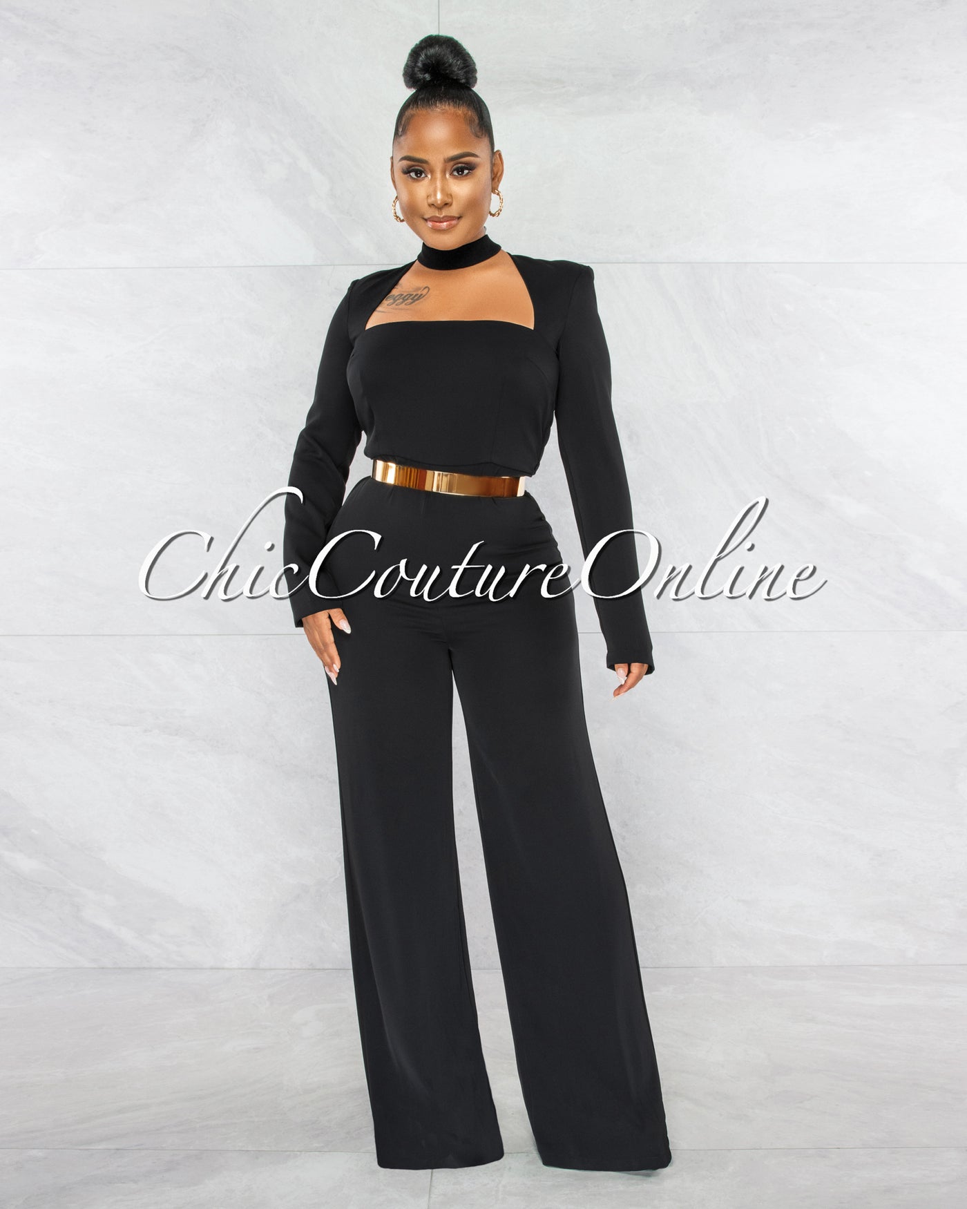 *Gianna Black Padded Shoulders Gold Belt Luxe Jumpsuit